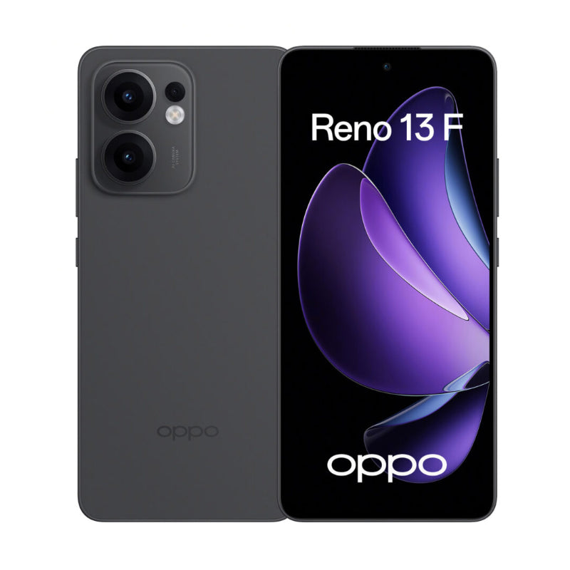 OPPO Reno 13F in Graphite Grey, back and front; on-screen title is spelled Reeno 13 F